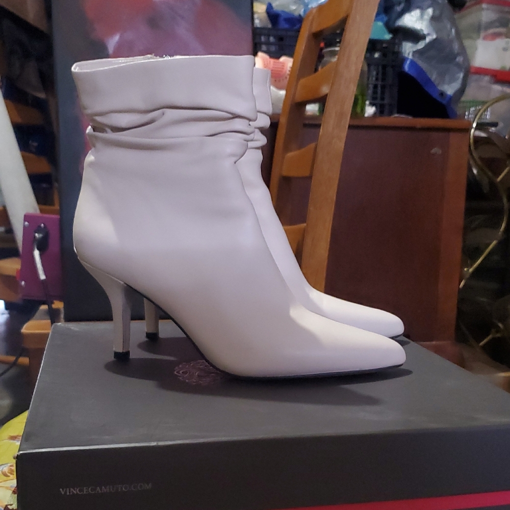 Vince Camuto Cream Heeled Boots with Ruched Detail